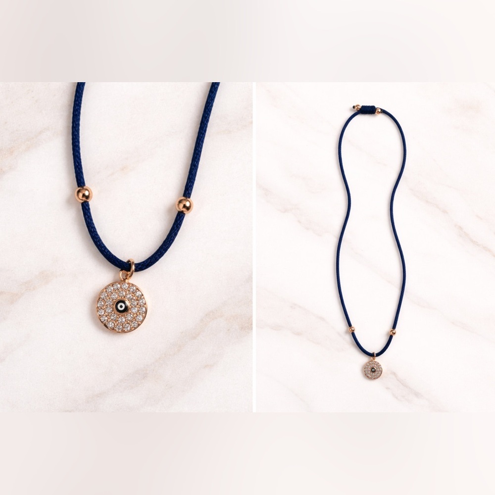 Sparkling Evil Eye Cord Necklace - Adjustable Navy Blue Silk